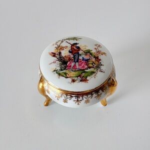 Limoges France Porcelain 3 Footed Trinket Jar Rococo Art Fragonard Love Story